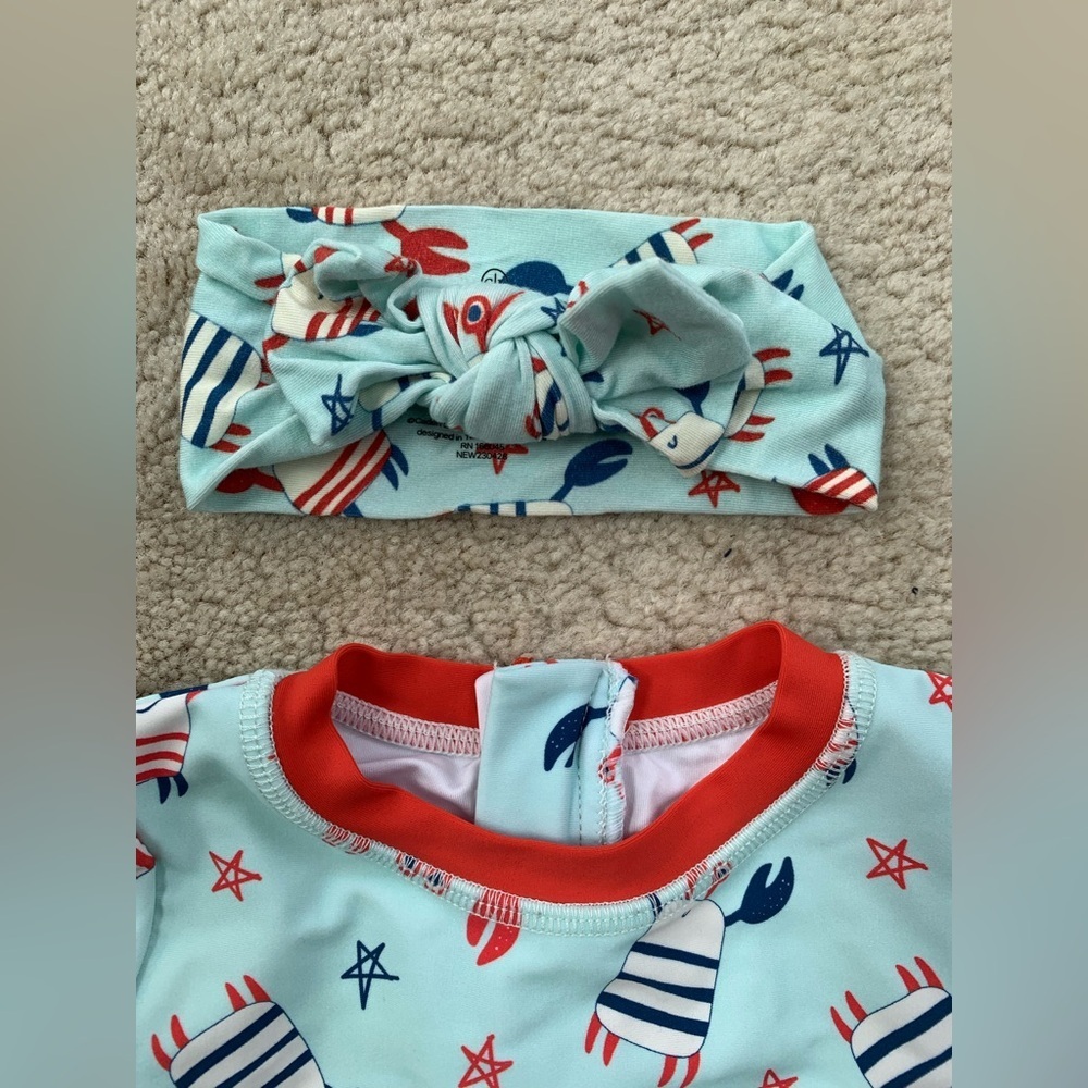 Caden Lane Size 18-24 Months Red, White, Blue Crab Swimsuit & Bamboo Headband - Picture 7 of 8